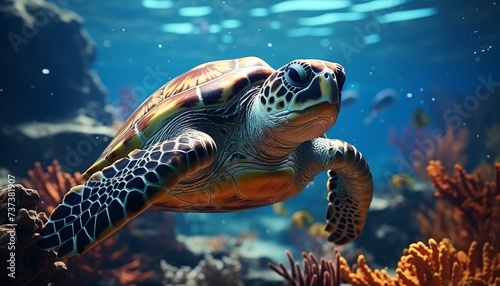 Large turtle hunting prey in its natural underwater habitatmarine life and underwater world concept