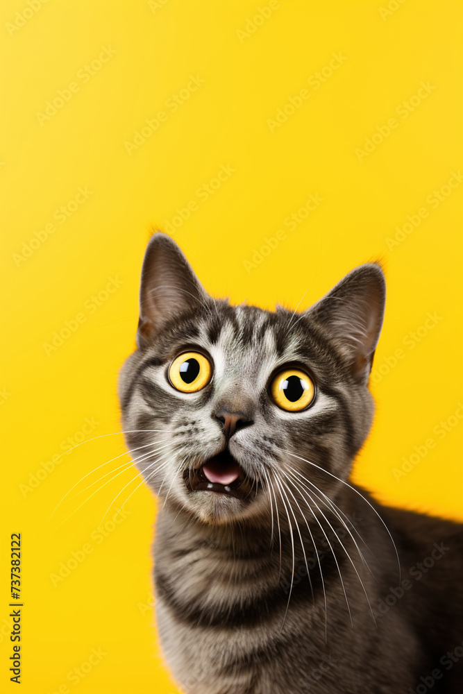 Cute, surprised cat with large, captivating eyes on yellow background. Ideal for promotions, great deals or offers. Good price, Black Friday, discount. Copy space for text. Amazed pet.