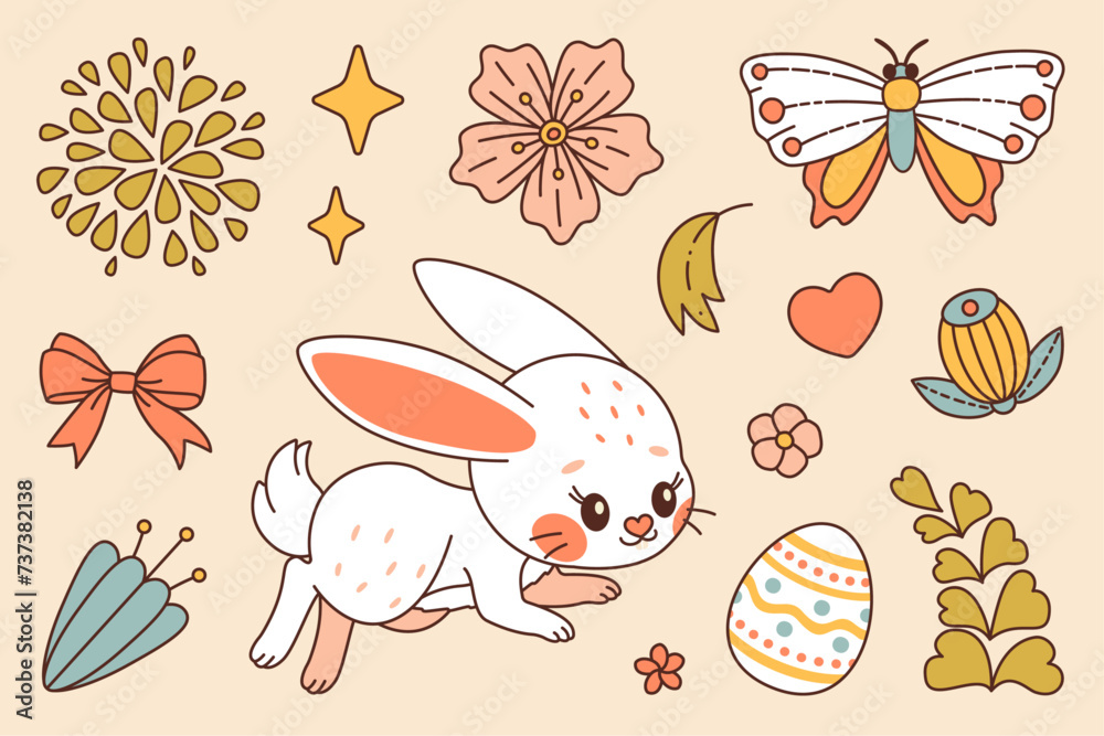 Happy Easter vector set. White bunny. Cute rabbit whis flowers and plants, eggs, carrot, butterfly and ladybug. Trendy color flat style vector set. Perfect For Poster, Tshirt Print or Greeting Card. Happy Easter vector set. White bunny. Cute rabbit whis flowers and plants, eggs, carrot, butterfly and ladybug. Trendy color flat style vector set. Perfect For Poster, Tshirt Print or Greeting Card.
