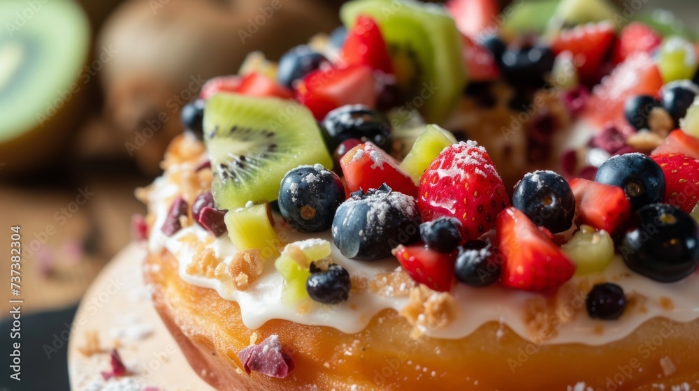 A donut is decorated with a variety of colorful and fruity toppings, including chopped strawberries, kiwi, and blueberries A donut is decorated with a variety of colorful and fruity toppings, including chopped strawberries, kiwi, and blueberries