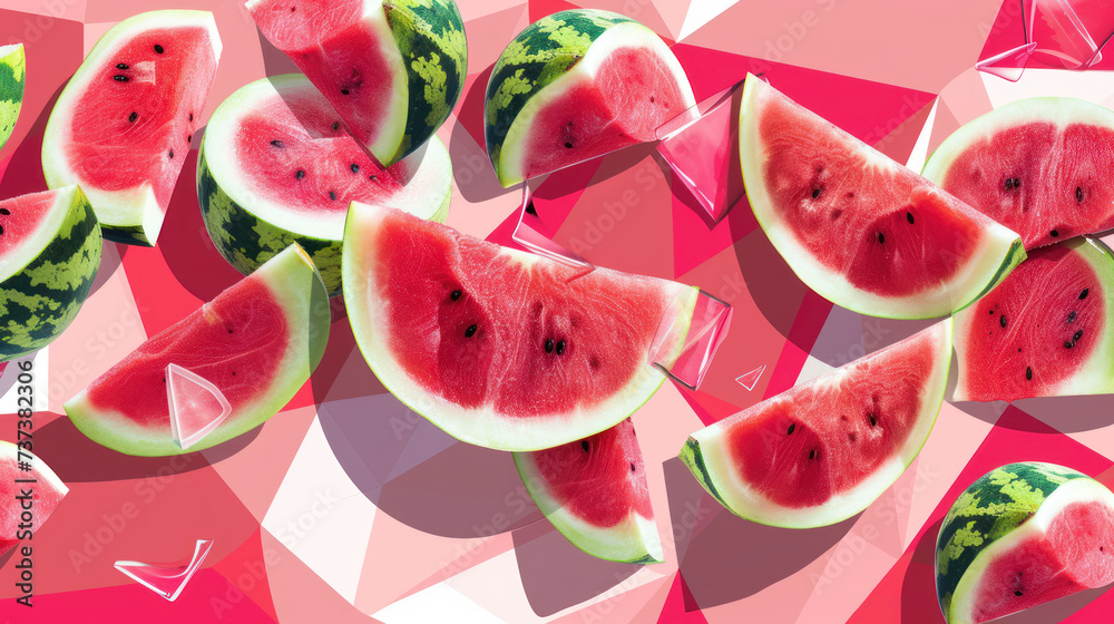 a group of slices of watermelon sitting on top of a pink and white surface with geometric shapes in the background. a group of slices of watermelon sitting on top of a pink and white surface with geometric shapes in the background.