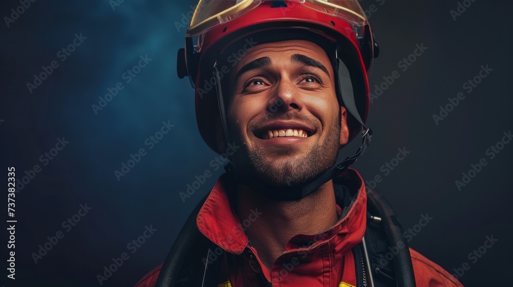 A proud firefighter, wearing his uniform and helmet, flashes a confident smile, exuding bravery and determination