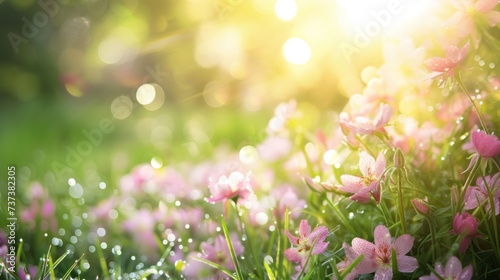 A tranquil garden bathed in soft morning light, adorned with dew-kissed petals, whispers of nature's awakening photo
