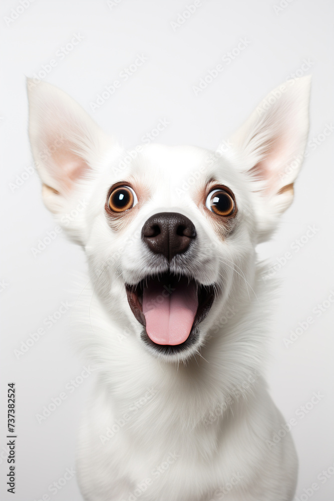 Cute, surprised dog with large, captivating eyes on white background. Ideal for promotions, great deals or offers. Good price, Black Friday, discount. Copy space for text. Amazed pet.