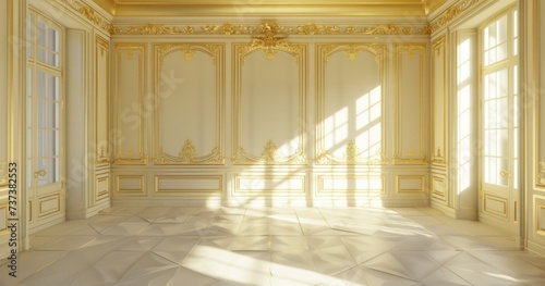 a room with golden walls and doors in the old era