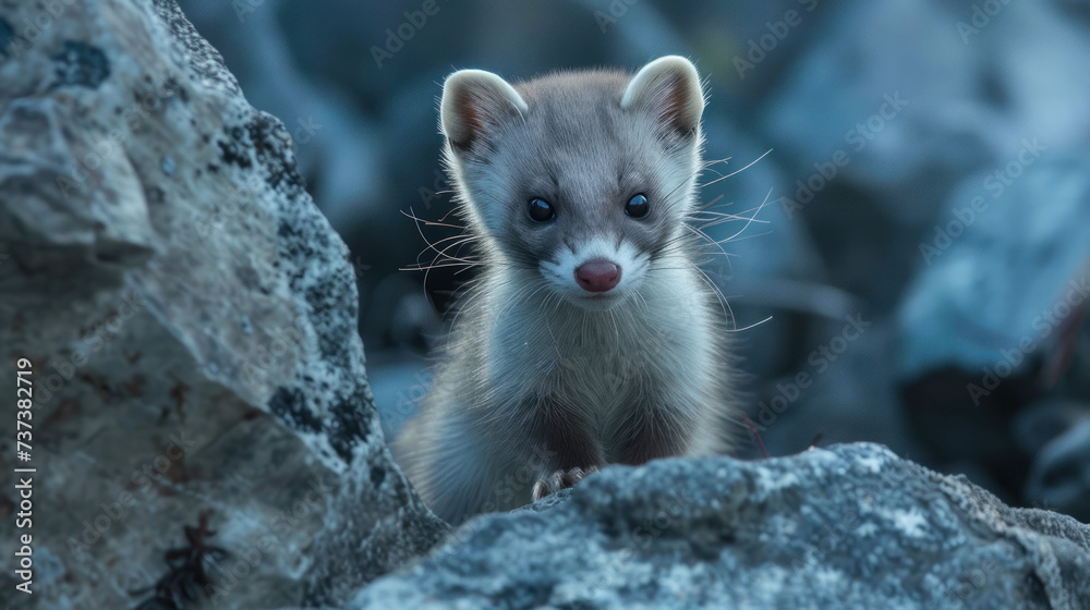 a close up of a small animal on a rocky surface with a rock in the foreground and a rock in the background.