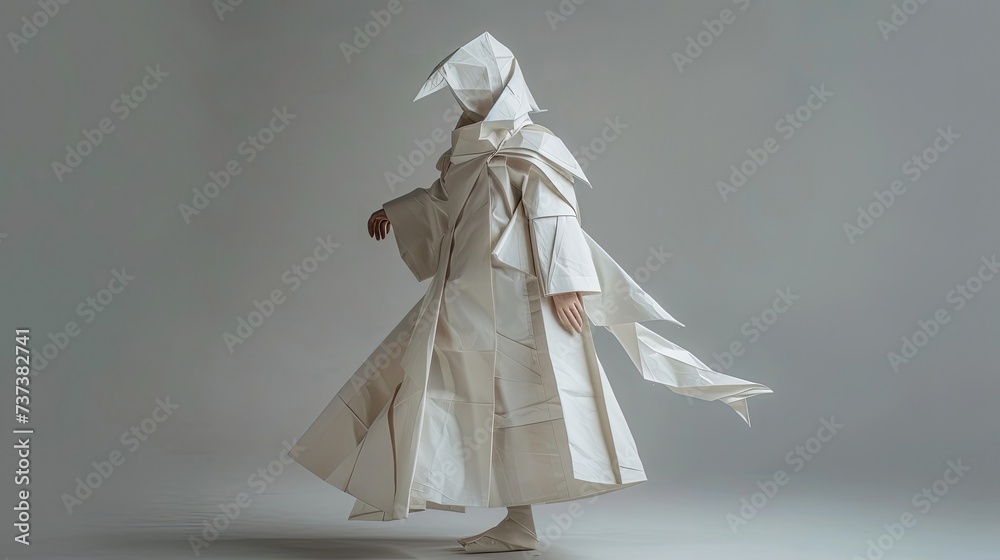 Japanese woman wearing white coat made from folded origami paper in shape of paper animal full body grey background Japanese woman wearing white coat made from folded origami paper in shape of paper animal full body grey background