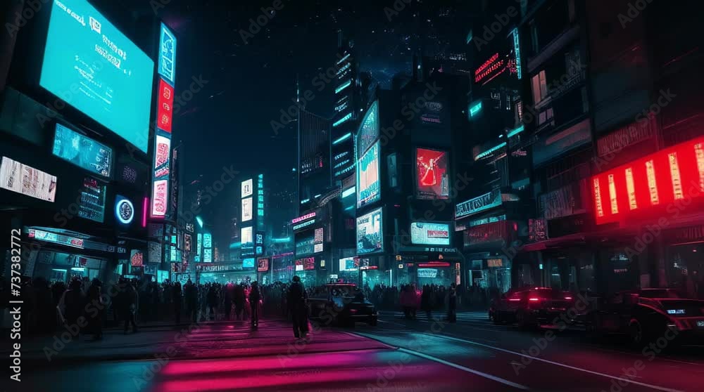Abstract night city background in cyberpunk style, seamless VJ loop, DJ backdrop, color dynamic screen, energetic neon atmosphere