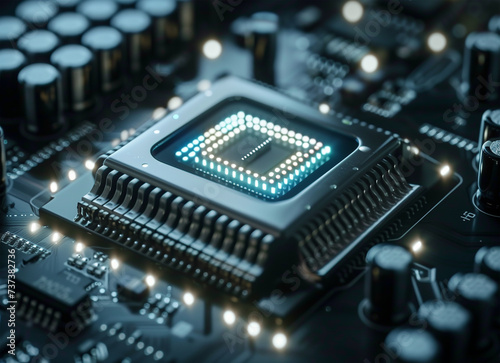Semiconductors of computer circuit board technology with soft lights.