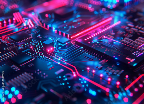 Semiconductors of computer circuit board technology with neon lights.