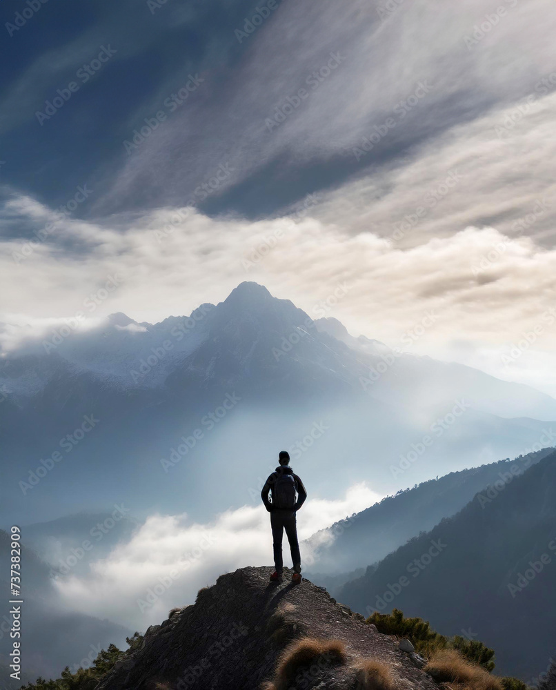 Silhouette of a man standing on a smoky mountain peak in the background, ultra realistic. Person on top of mountain.