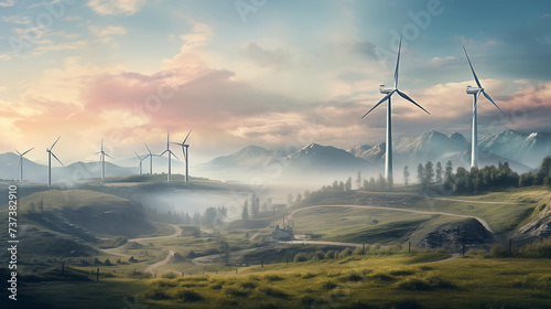 Beautiful Landscape View with Wind Turbine  Clean Energy and Global Warming Concept.