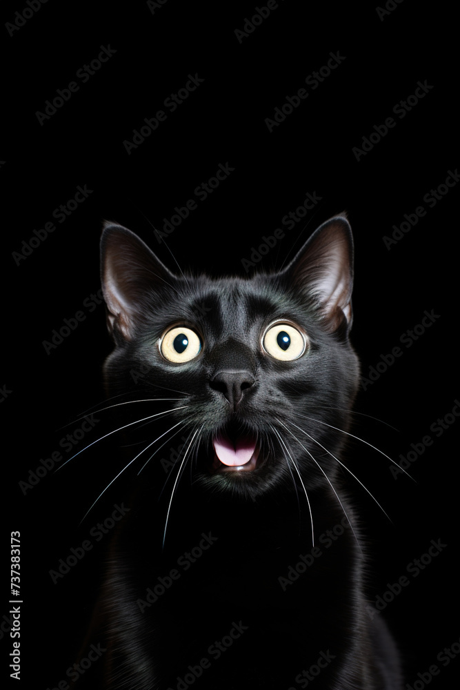 Black surprised cat with large, captivating eyes on black background. Ideal for promotions, great deals or offers. Good price, Black Friday, discount. Copy space for text. Amazed pet.