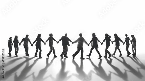 groupe de personne faisant une chaine humaine en se tenant la main sur l'horizon à contre-jour, concept de solidarité et d'entre-aide 