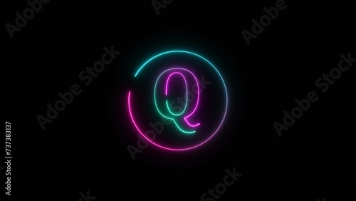 Abstract Blue Purple Neon Letter Icon Illustration on black background.