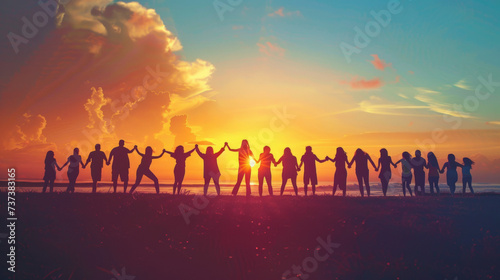 groupe de personne faisant une chaine humaine en se tenant la main sur l'horizon à contre-jour, concept de solidarité et d'entre-aide  photo