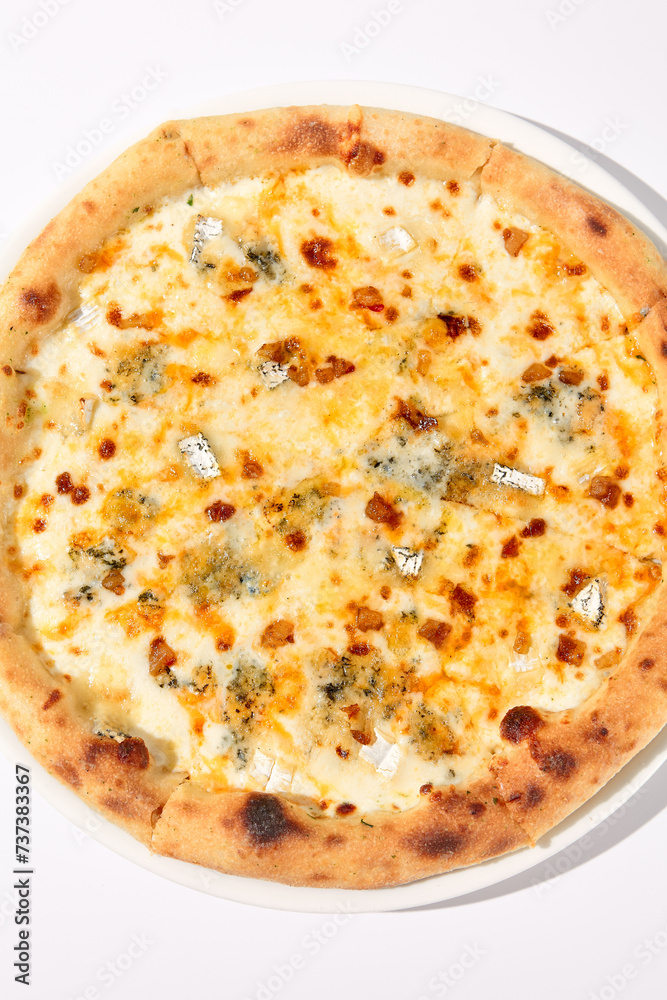 Top View of Italian Quattro Formaggi Pizza with Four Cheeses on White Top View of Italian Quattro Formaggi Pizza with Four Cheeses on White