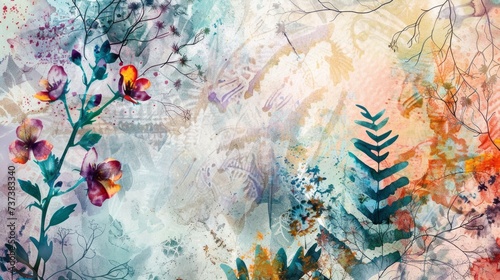 Grunge style beautiful, colorful, abstract art. Paper texture. Colorful painting. Watercolor background with flowers and plants © vannet