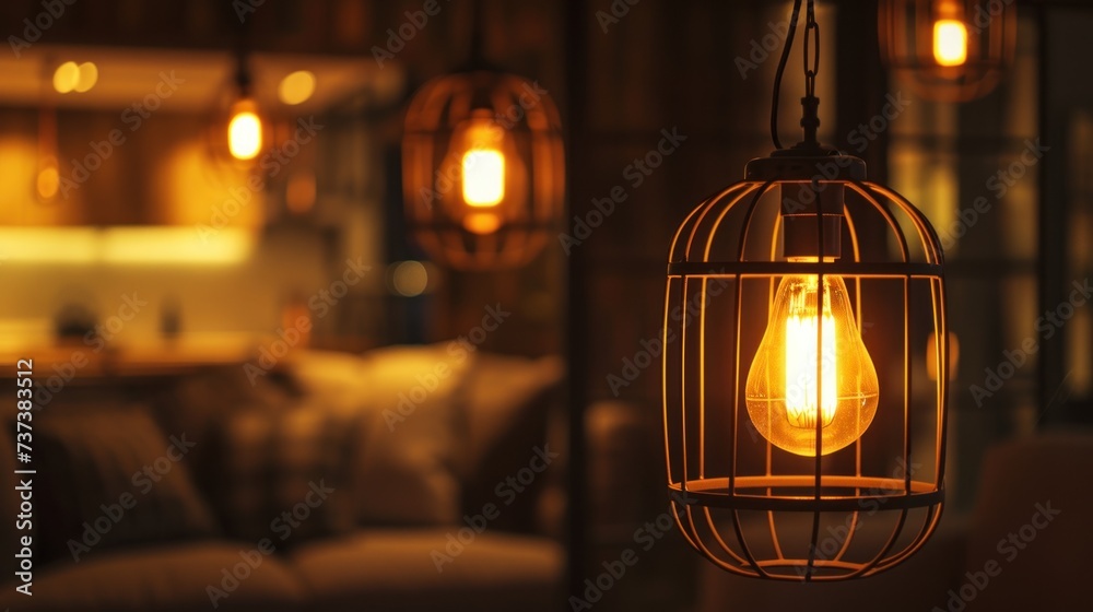a light bulb in a cage hanging from a chandelier in a living room with a couch in the background. a light bulb in a cage hanging from a chandelier in a living room with a couch in the background.