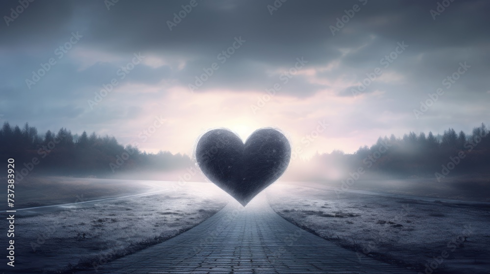 Fototapeta premium a heart shaped object on a road in the middle of a field with a foggy sky in the background.