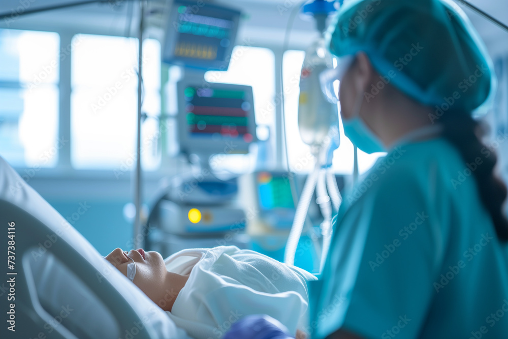 intensive care patient and nurse or doctor in hospital room