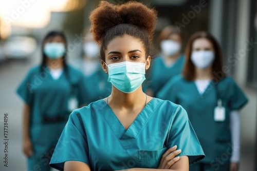 african american female doctor outside hosital with team of nurses