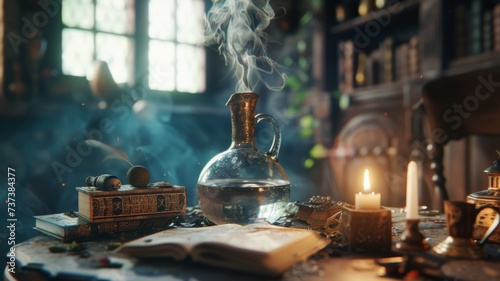 Serene Alchemy Study with Glowing Vessel - A tranquil wizard's study with glowing alchemy equipment and ancient texts