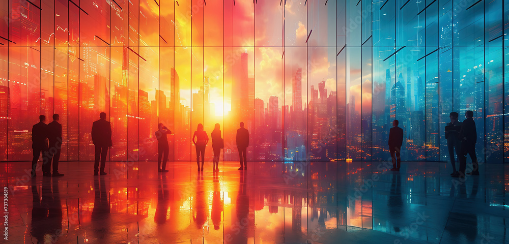 Sunrise in the city. A group of people admiring the sunrise through the window of an office building
