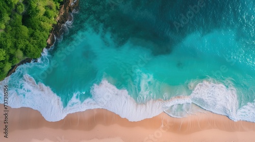 Aerial view of beautiful tropical beach which summer Amazing Sandy coastline and white turquiose sea waves. As Aerial view of white sand beach and water surface texture, foamy waves, generative ai