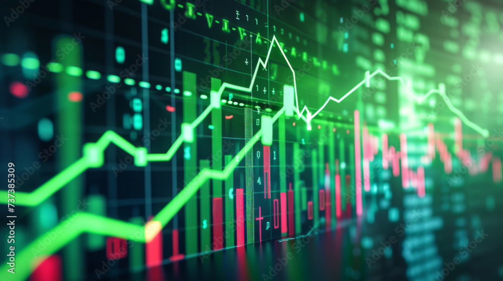 digital graphical representation of a stock market with fluctuating graphs, numerical data, and upward and downward trends, indicating financial analysis or stock trading activity. digital graphical representation of a stock market with fluctuating graphs, numerical data, and upward and downward trends, indicating financial analysis or stock trading activity.