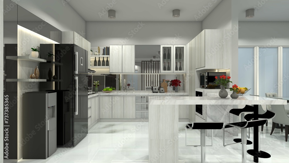 Modern Kitchen Cabinet with Marble Bar Table and Beverage Counter Modern Kitchen Cabinet with Marble Bar Table and Beverage Counter