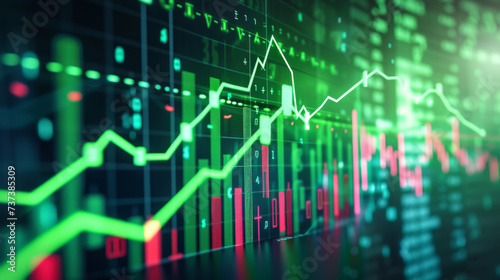 digital graphical representation of a stock market with fluctuating graphs, numerical data, and upward and downward trends, indicating financial analysis or stock trading activity. © MP Studio