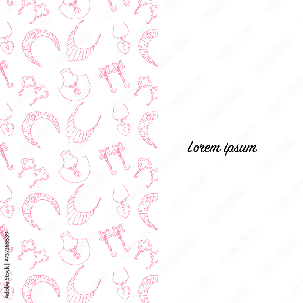 Seamless pattern of Hand drawn pink various female jewerly. Vector illustration isolated. Can used for textile, wrapping paper, cover design, beauty background. 