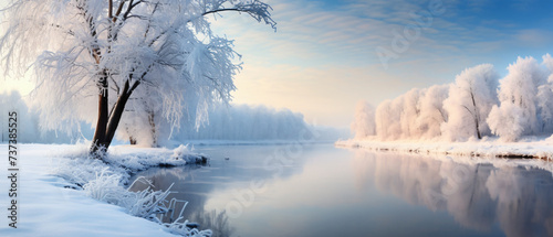 Winter landscape with trees on the bank of a river