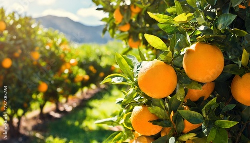 Orangen hängen an einem Orangenbaum mit grünen Blättern auf einer Orangenplantage bei Sonnenschein