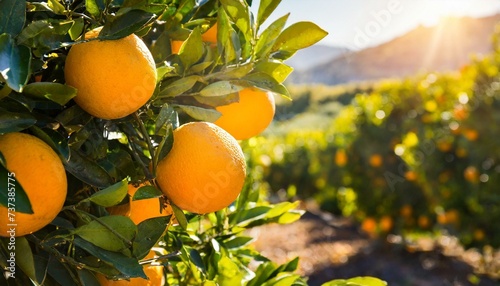 Orangen hängen an einem Orangenbaum mit grünen Blättern auf einer Orangenplantage bei Sonnenschein