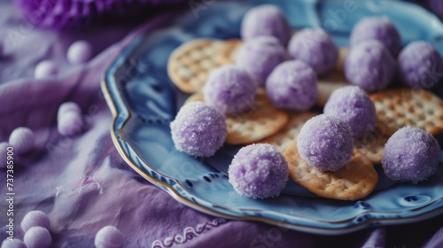 a blue plate topped with waffles covered in purple frosting and sprinkled with powdered sugar. photo