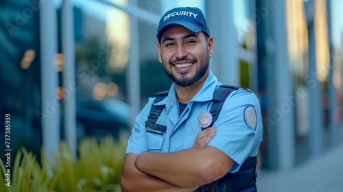 smiling security guard with a beard, standing confidently with his arms crossed