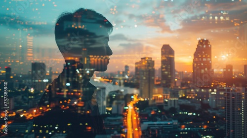 The double exposure image of the business man standing back during sunset overlay with cityscape image, The concept of modern life, business, city life and internet of things, generative ai photo