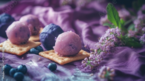 a table topped with crackers covered in different types of ice cream next to blueberries and a purple flower. photo