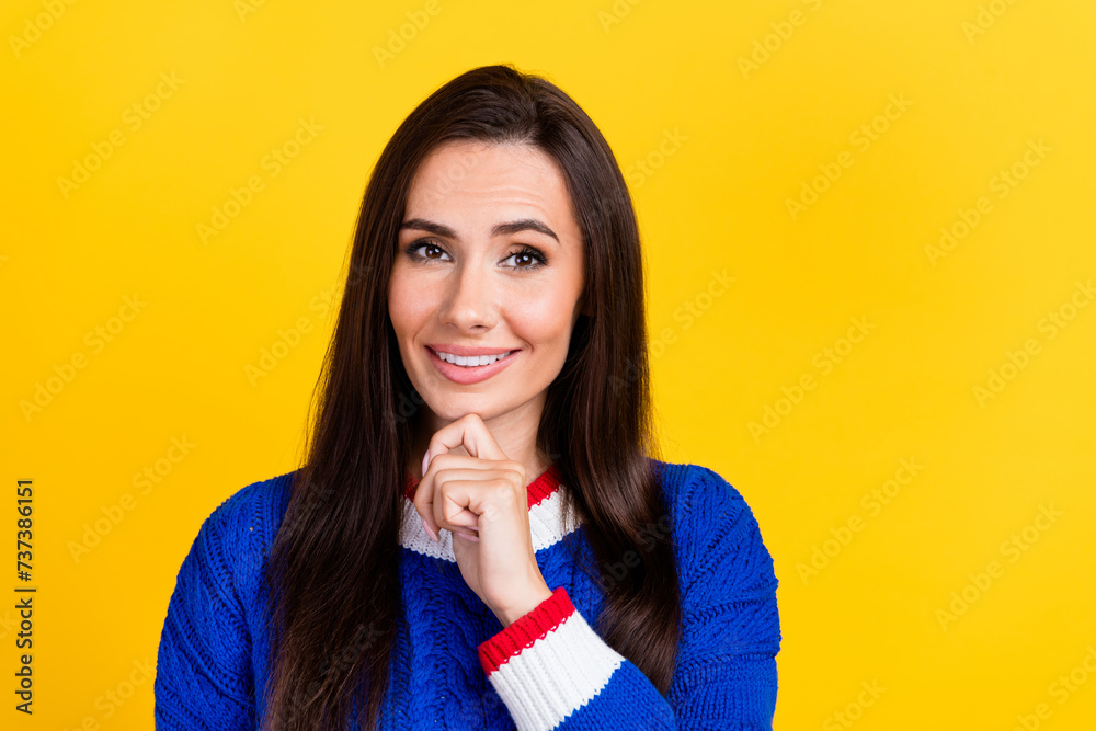 Portrait of young intelligent business administration manager woman touch chin cheerful looking at you isolated on yellow color background Portrait of young intelligent business administration manager woman touch chin cheerful looking at you isolated on yellow color background