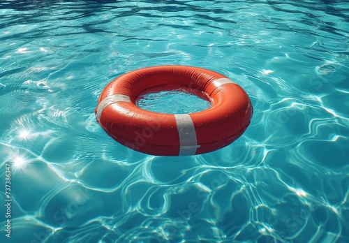 A red life preserver ring floats on the surface of a pool of water, creating a vivid contrast against the blue background.