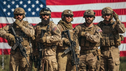 A group of soldiers from the USA, dressed in military special forces uniforms, stand in front of the American flag.