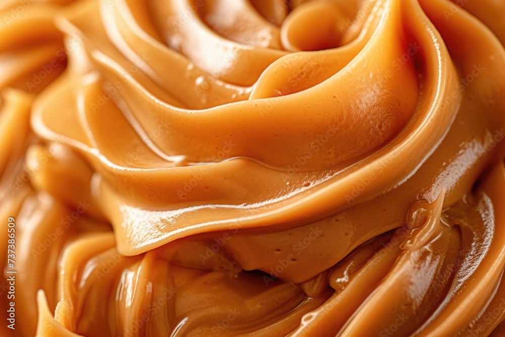 Macro shot capturing the glossy, flowing texture of rich caramel, with deep folds and a creamy appearance Macro shot capturing the glossy, flowing texture of rich caramel, with deep folds and a creamy appearance
