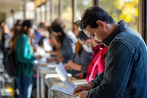 An image capturing a man standing in front of a line of people as they fill out their ballots at a polling location.