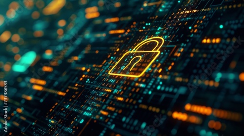 Cybersecurity concept represented by a glowing digital lock on an intricate electronic circuit board with binary code.