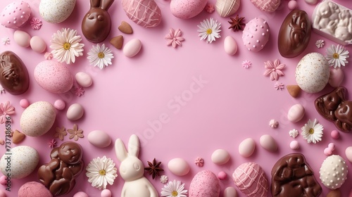 A pink table adorned with a variety of different types of candies, perfect for Easter fun or a sweet celebration.