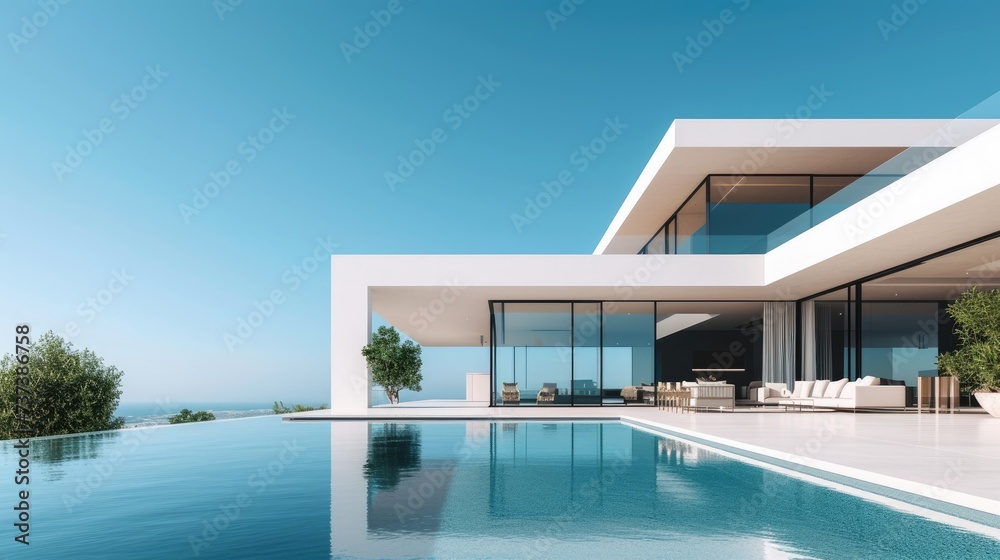 Fototapeta premium A sleek, modern luxury home featuring expansive glass walls, minimalist design, and an inviting infinity pool with a clear blue sky background.