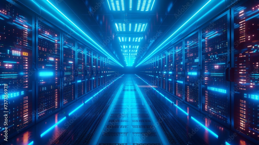 A corridor of server racks in a futuristic data center illuminated by blue neon lights, symbolizing high-speed data processing. A corridor of server racks in a futuristic data center illuminated by blue neon lights, symbolizing high-speed data processing.