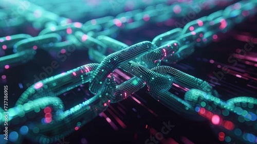 3D illustration of a blockchain with glowing digital links symbolizing secure, encrypted connections in a decentralized network.